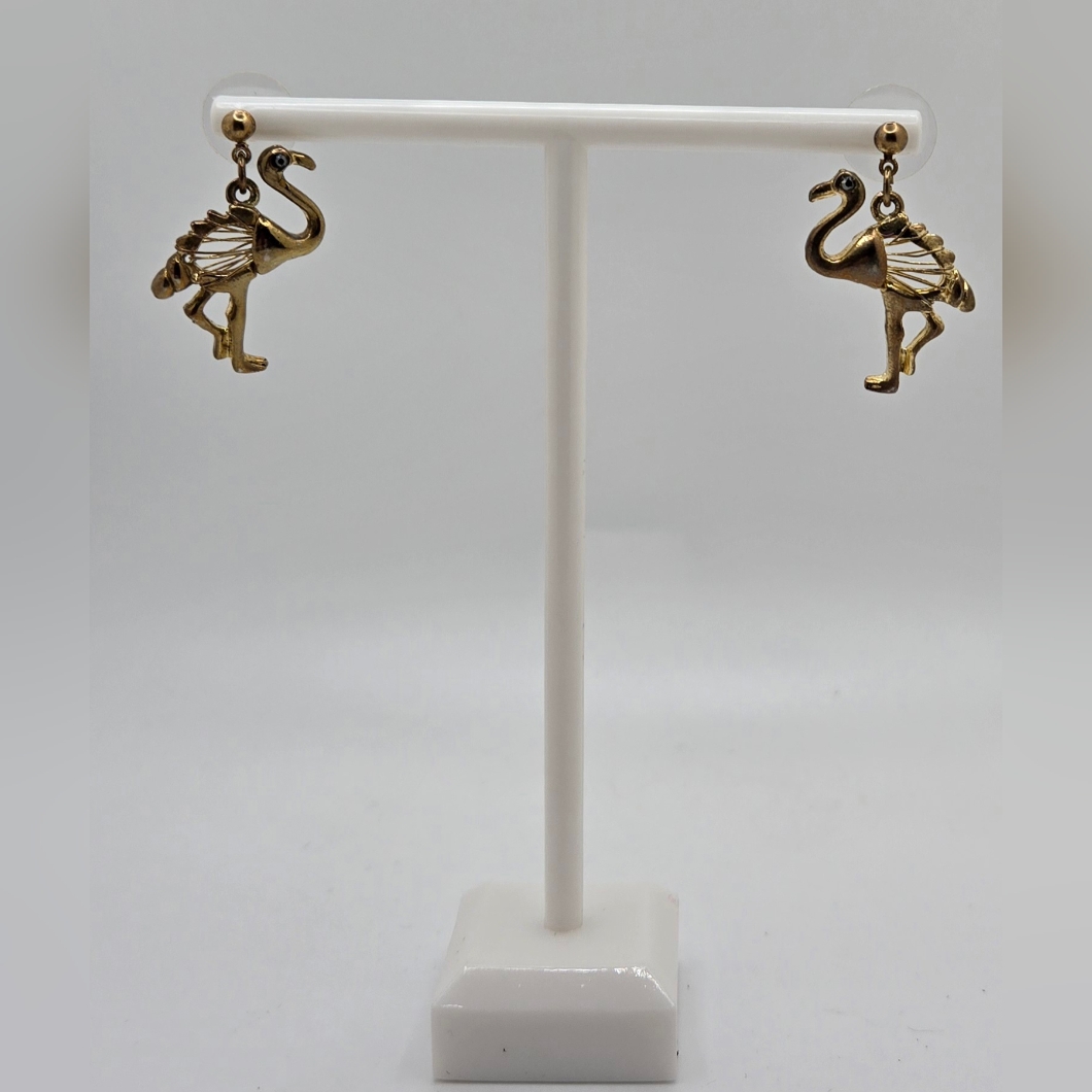 Gold Tone Stud Drop Earrings Large Bird Shape With Detail Wiring 12$